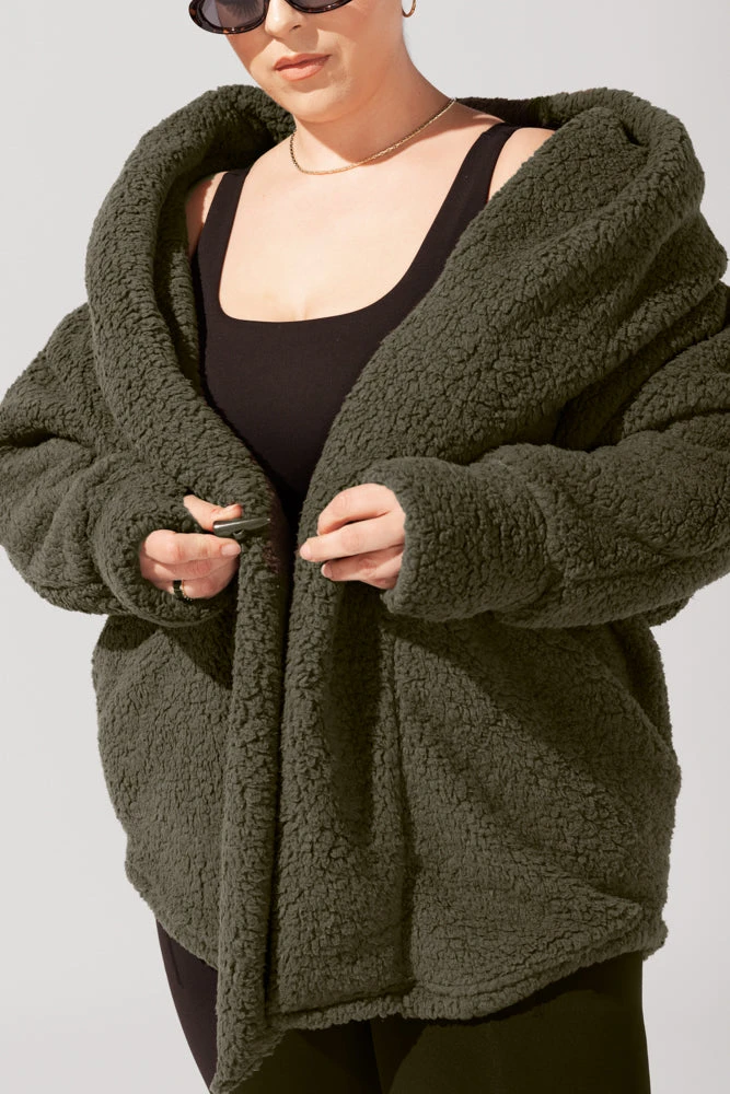 Faux Sherpa Cocoon Coat - Olive 4 Faux Sherpa Cocoon Coat - Olive - Image 4