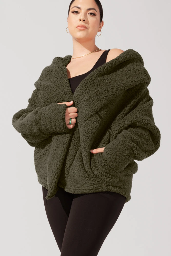 Faux Sherpa Cocoon Coat - Olive 6 Faux Sherpa Cocoon Coat - Olive - Image 6