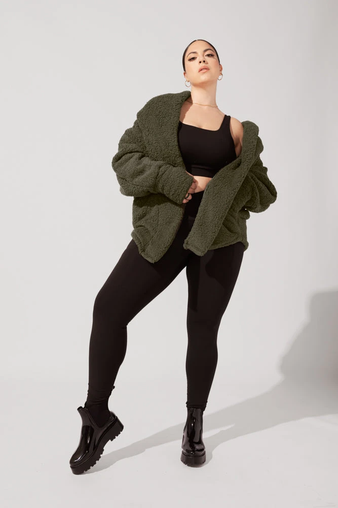 Faux Sherpa Cocoon Coat - Olive 7 Faux Sherpa Cocoon Coat - Olive - Image 7