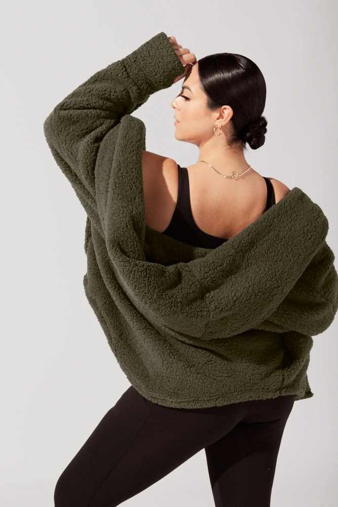 Faux Sherpa Cocoon Coat - Olive 8 Faux Sherpa Cocoon Coat - Olive - Image 8