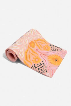 CloudCushion Vegan Suede Yoga Mat - Mandarin Hypnosis 0.5” Thick -Popflex Clothing Shop BF PF Thick Yoga Mat Pink Floral Half Rolled Edit 1