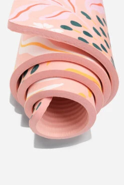 CloudCushion Vegan Suede Yoga Mat - Mandarin Hypnosis 0.5” Thick -Popflex Clothing Shop BF PF Thick Yoga Mat Pink Floral Rolled Detail Edit 1