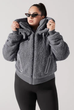 The Kinsley Bomber Jacket In Faux Sherpa - Grey -Popflex Clothing Shop KinsleyBomberJacket Grey 5020 0026 Edit