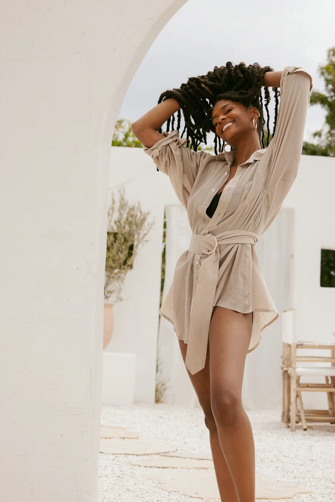I Need A Vacation Shirt Dress With Pockets - Sand Dune 1 I Need A Vacation Shirt Dress With Pockets - Sand Dune